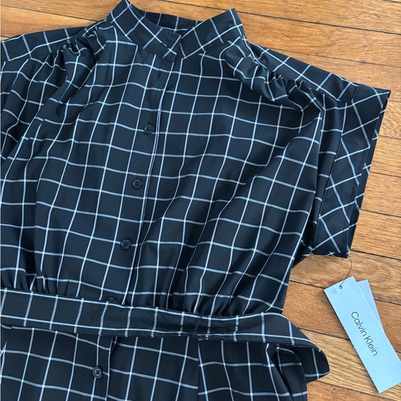 NWT CALVIN KLEIN Gauze Windowpane Midi Shirtdress Belted Short Sleeve Size 10 - Picture 3 of 8